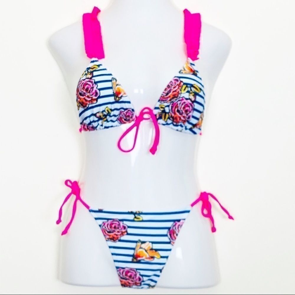Neon Pink Ruffle Shoulder Floral Stripe Bikini, XL